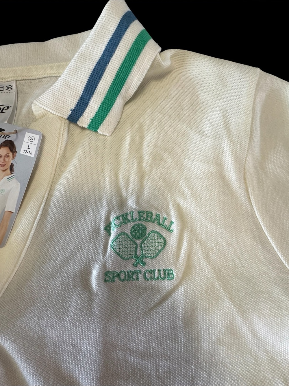 Crane Pickleball Sport Club Women's V-Neck Polo Shirt Cream Short Sleeve Size L
